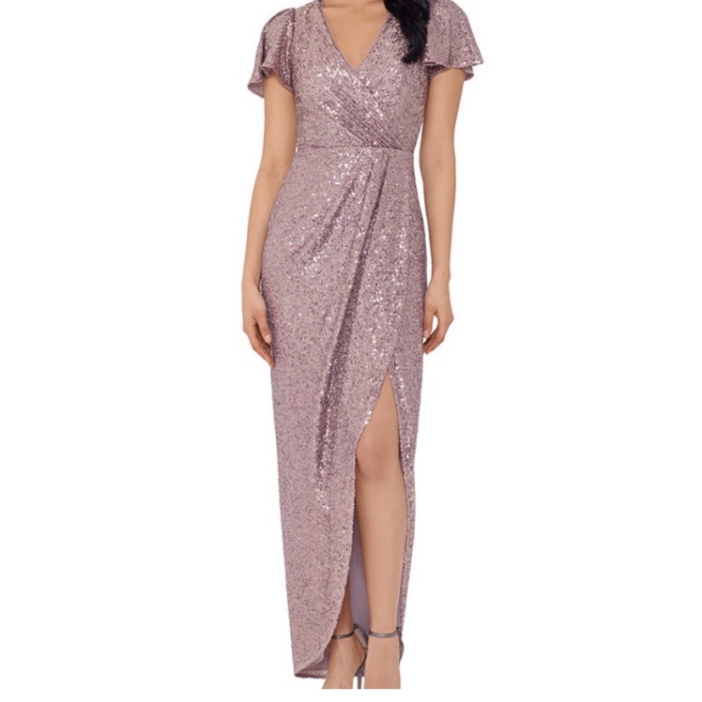 XSCAPE | Blush Pink Sequin Flutter Sleeve Surplice Tulip Midi Dress NWT Size 4